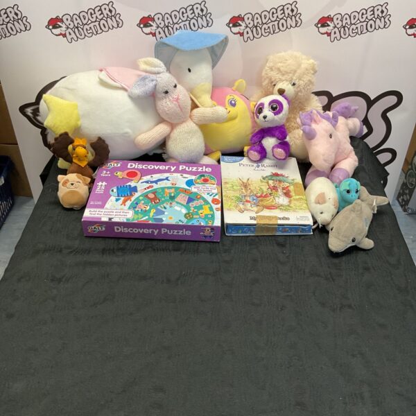 Childrens toy bundle featuring soft toys and books.