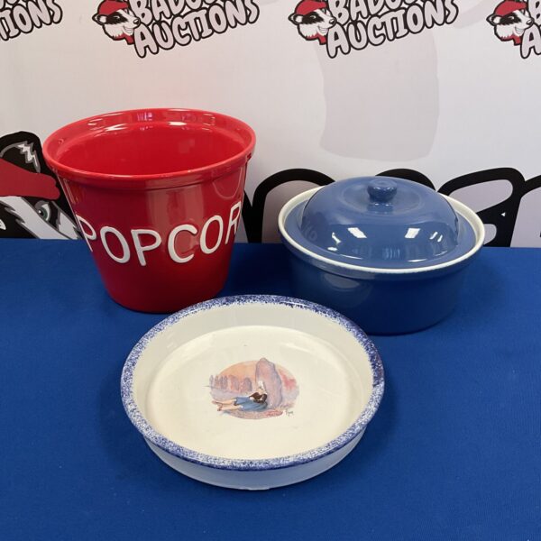 Vintage pottery popcorn bucket with flan dish and casserole dish.