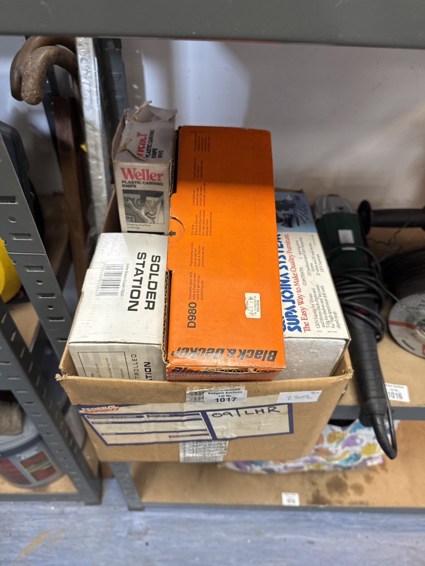 1017 Box of shed clearance items inc weller plastic carving knife