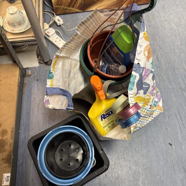 Assorted garden plant pots and tools in a mixed lot.