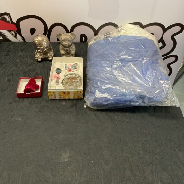 Vintage 1967 pram cover and silverplate items in a mixed lot.