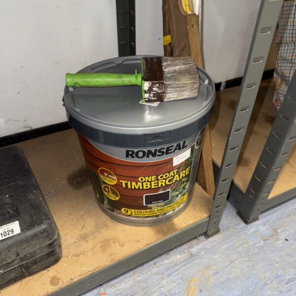 Tub of Ronseal One Coat Timbercare Dark Oak with brush included.