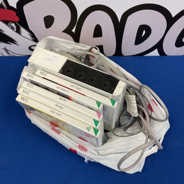 Nintendo Wii console with games and cables presented in photograph.