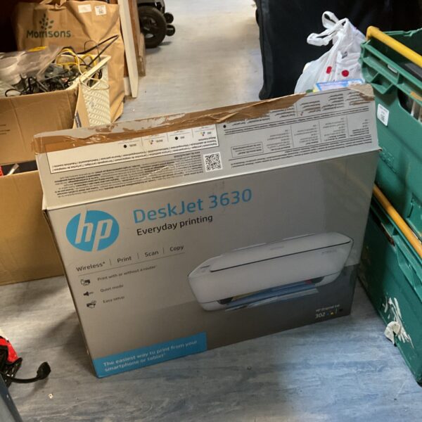 HP Deskjet 3630 printer in a cardboard box.