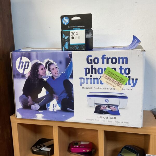 HP Deskjet 3760 printer in box, wireless all-in-one inkjet.