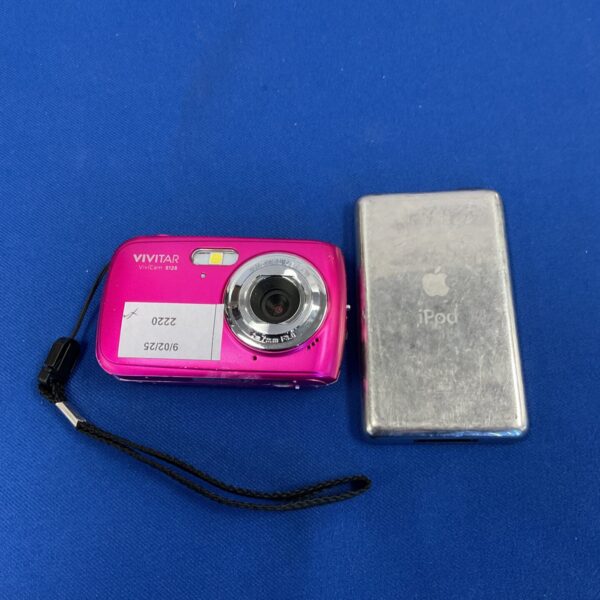 Vintage Vivitar digital camera and Apple iPod, retro tech collectible.