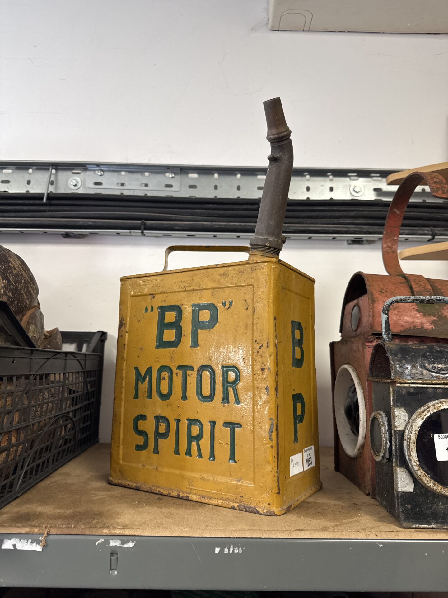 1053 Vintage bp motor spirit fuel can with metal nozzle
