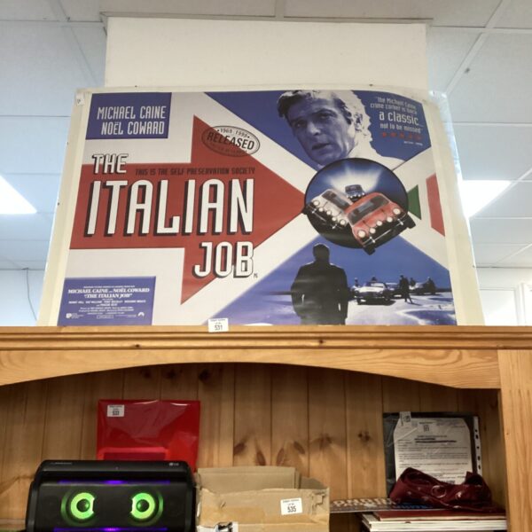 Vintage Italian Job cinema poster featuring Michael Caine and Mini Coopers.