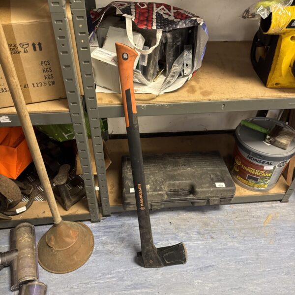 Large Magnusson wood axe with wooden handle, ready for use.