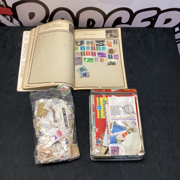 Vintage stamp collection album with world stamps inside.