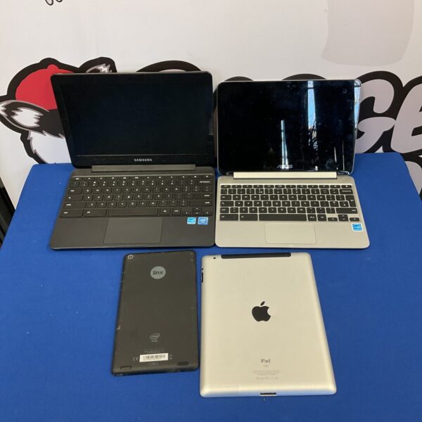 Mixed lot of tablets and laptops including Asus, Samsung, Apple, and Linx.