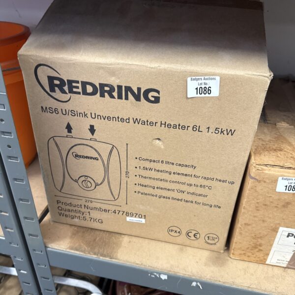 Redring MS6 unvented water heater in original packaging.