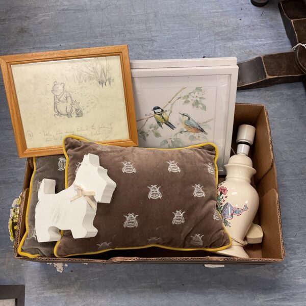Winnie the Pooh mixed lot with cushions, lamp and print.