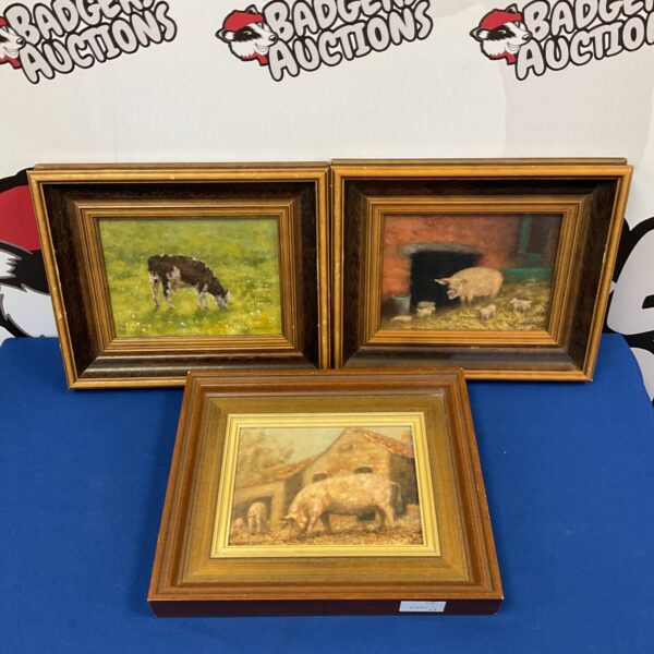 Original oil painting of pigs by N Barker, vintage farm art.
