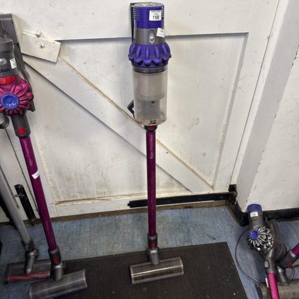 Purple Dyson V7 Motorhead cordless vacuum cleaner, side view.