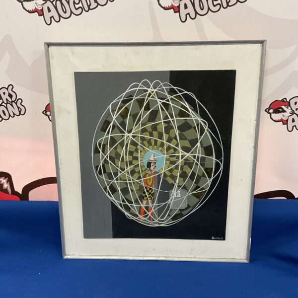 Ron Wood surrealist painting of a clown and a spherical form.