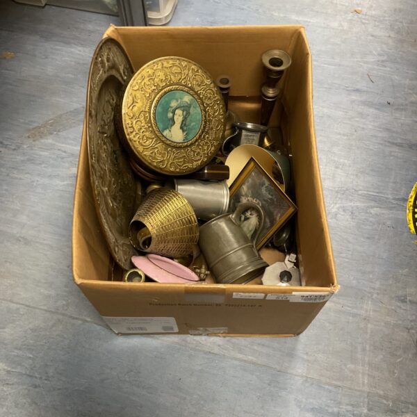 Mixed lot of antique brass charger and pewter tankards.