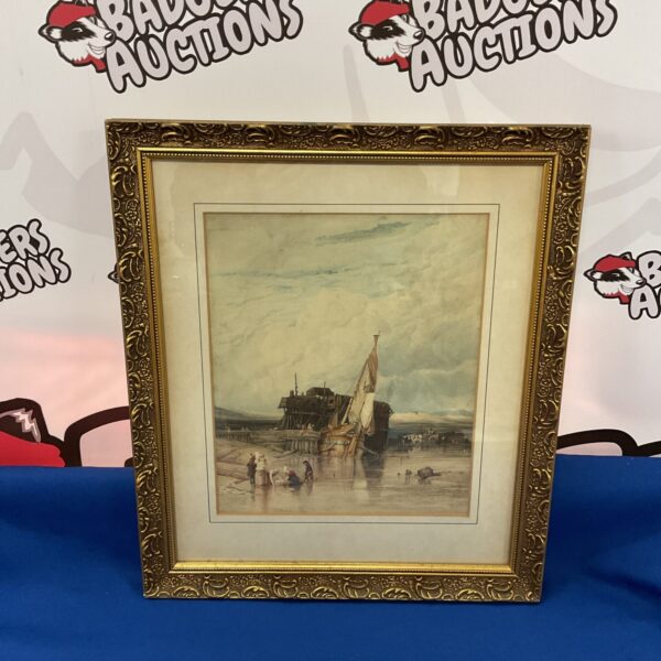 Antique watercolor painting of a ship in dock with figures washing.
