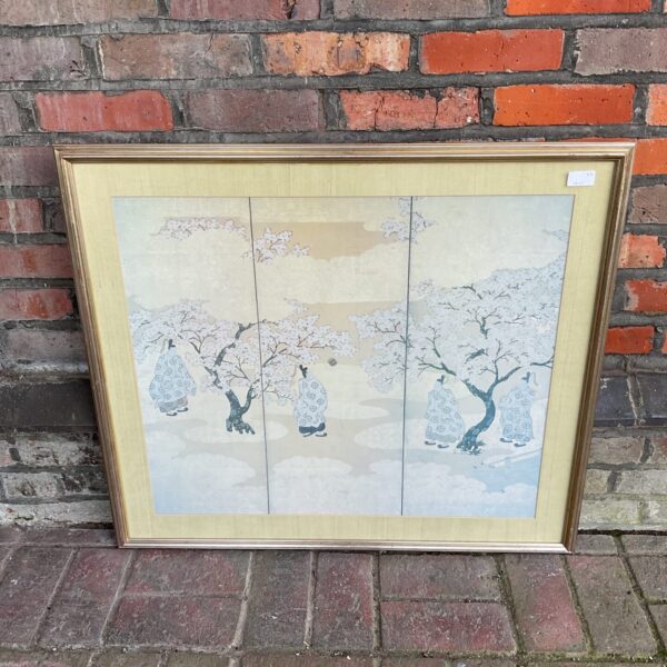 Vintage Japanese blossom print with figures under trees.