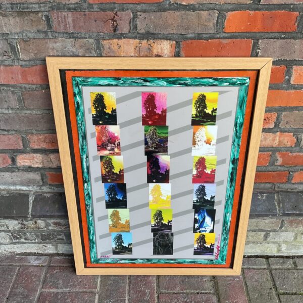 Vibrant mixed media oil painting with abstract design.