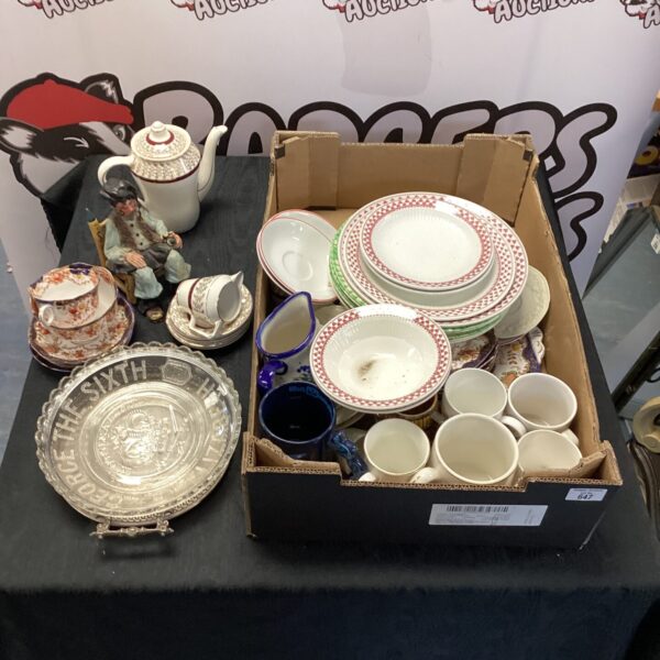 Mixed china lot with silver plate George VI coronation dish.