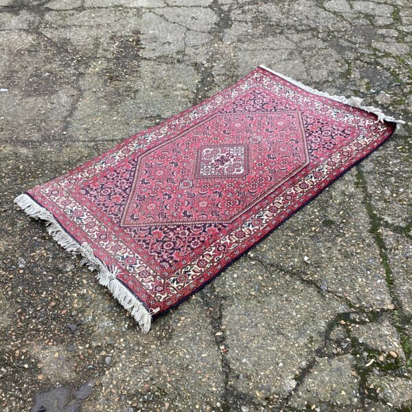 Vintage Bidjar rug with geometric design in red and blue.