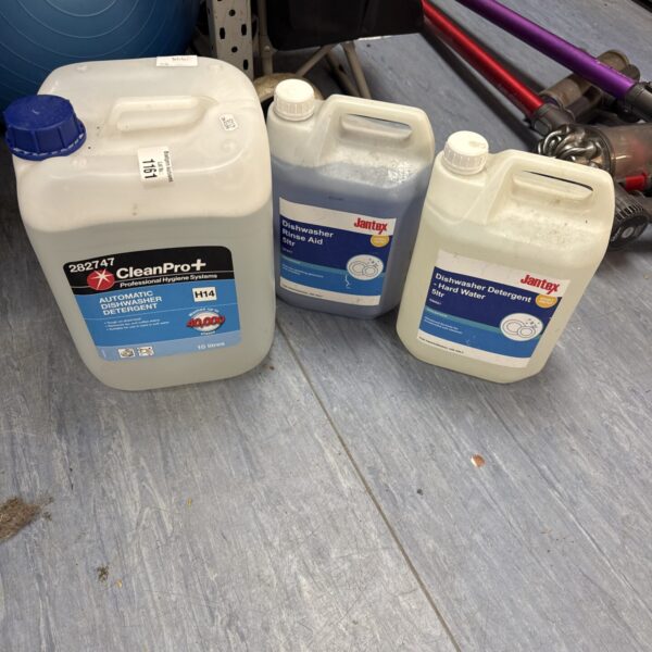 Three blue bottles of Janitorial Supplies dishwasher detergent.