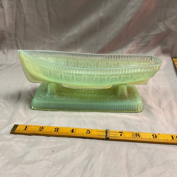 Antique Sowerby Vaseline glass boat and stand, Victorian opalescent collectible.