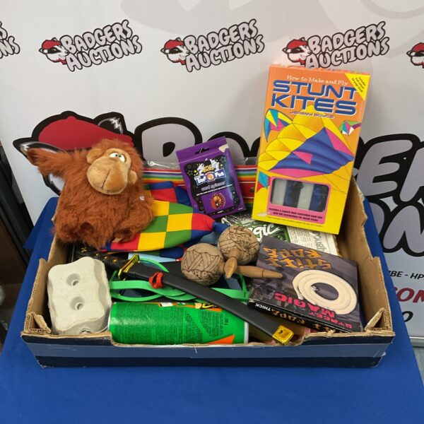 Colourful toy and magic trick lot with a stunt kite.