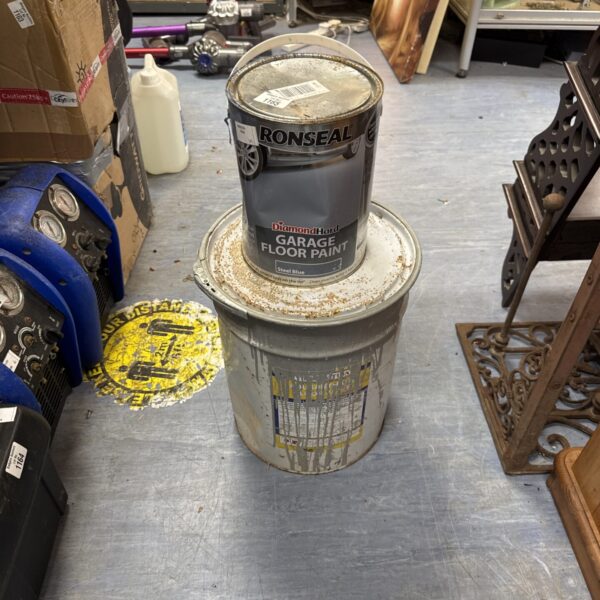 Two grey tins of Ronseal floor paint for garage or DIY use.
