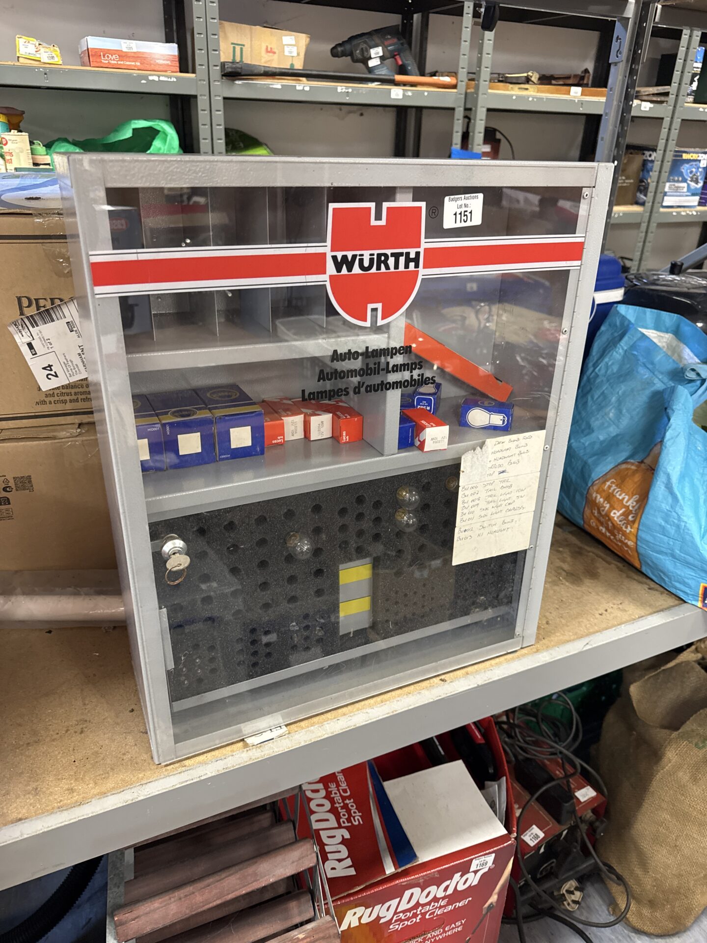1151 Wurth auto bulb cabinet with contents