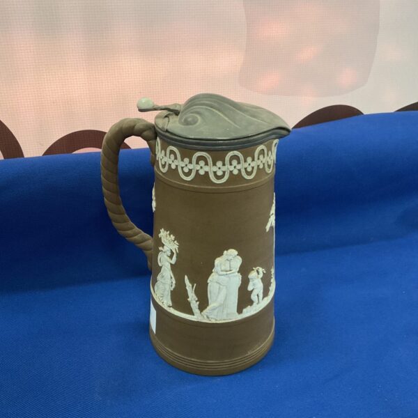 Victorian Dudson Brothers brown jasperware jug with pewter lid.
