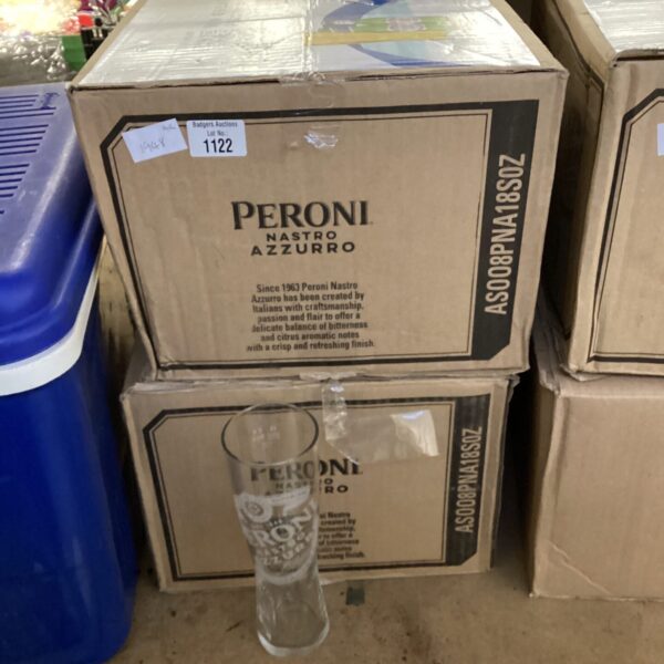 Boxed set of forty-eight new Peroni pint glasses.
