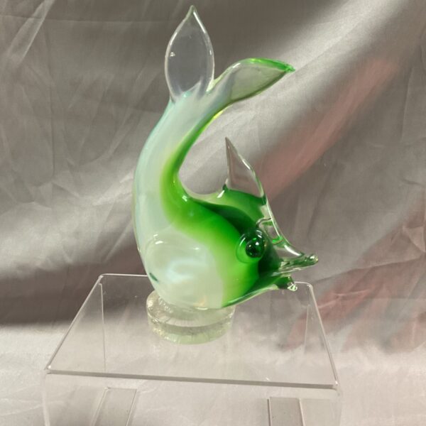 Vibrant Murano style glass fish sculpture in green and clear glass.