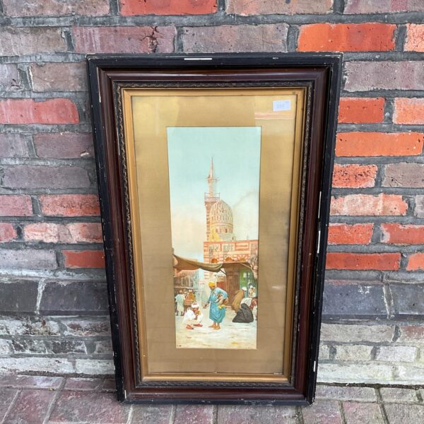 Large vintage print of a bustling Moroccan market scene.