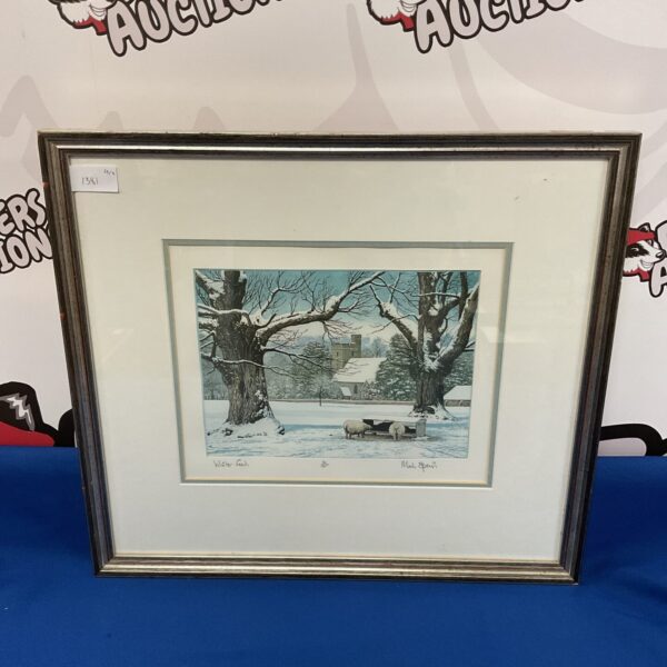 Signed limited edition etching "Winter Feed" by Mark Spain depicting a winter scene.