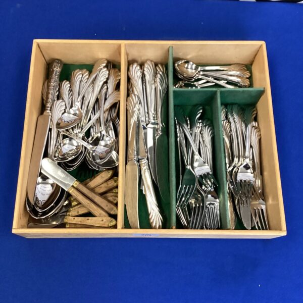 Yamazaki stainless steel cutlery set in wooden case.