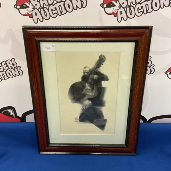 Framed vintage lithograph of jazz musicians performing for an audience.