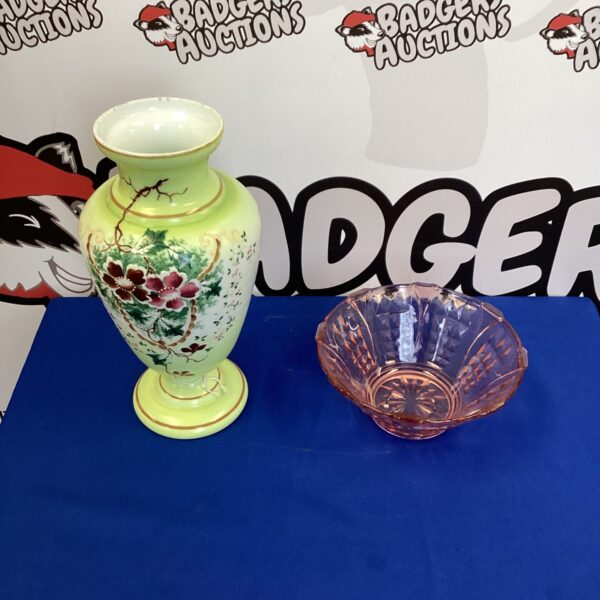Vintage decorative vase and fruit bowl set with floral design.