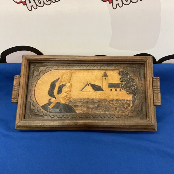 Vintage Dutch carved wooden serving tray with landscape scene.