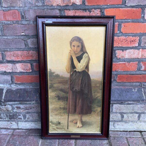 Framed vintage print of Bouguereau’s Little Shepherdess painting for wall decor.