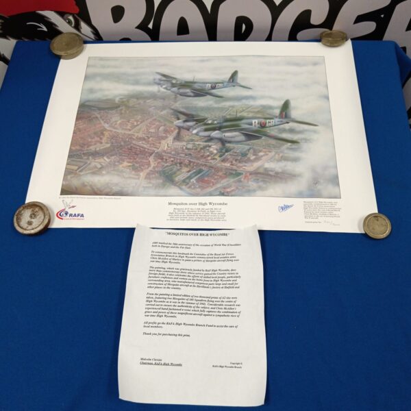 Signed aviation print of Mosquitoes over High Wycombe, vintage RAF art.