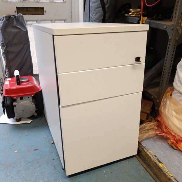 White three-drawer office cabinet for storage.