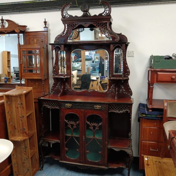 Full view of antique Edwardian mahogany display cabinet.