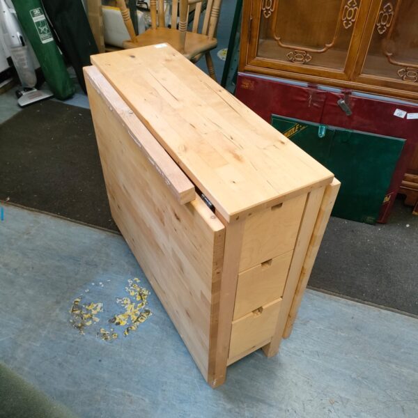 Antique oak gate leg table with drawers, vintage country furniture.