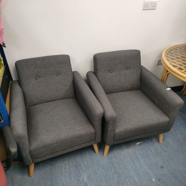 Pair of grey fabric bedroom chairs with wooden legs.