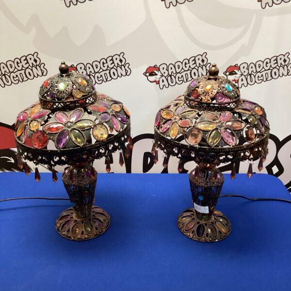 Pair of vintage Indian brass table lamps with pierced shades.