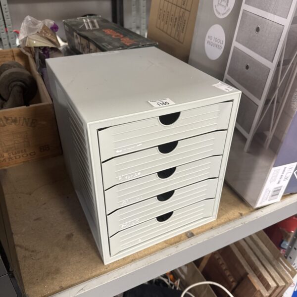 Front view of a five-drawer plastic office tidy.