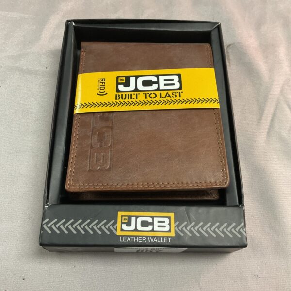 New JCB branded leather wallet, front view.