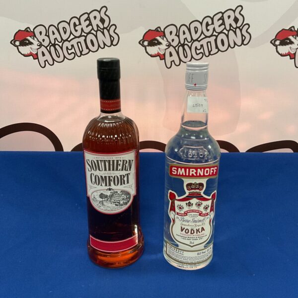 Sealed Smirnoff vodka and Southern Comfort bottles for collectors.